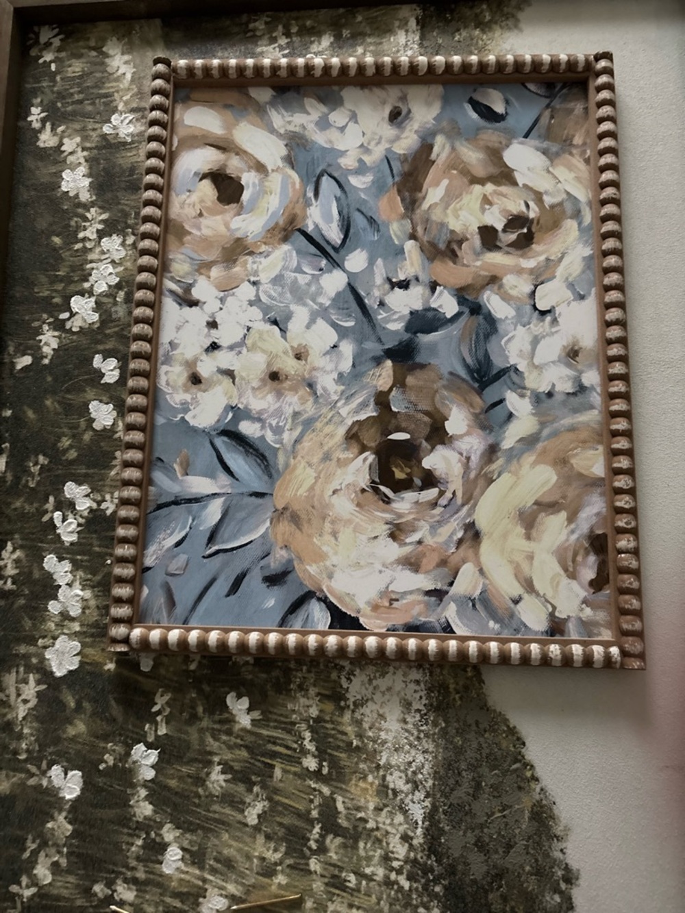 Framed Floral Canvas Wall Art in Blue and Beige